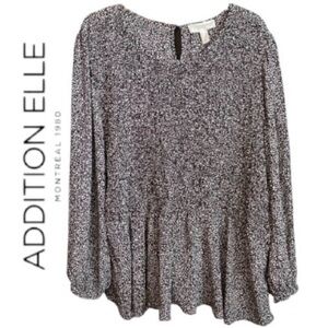 4X Addition Elle Shirred Black/ White Dot Print Peplum Top with Balloon Sleeves